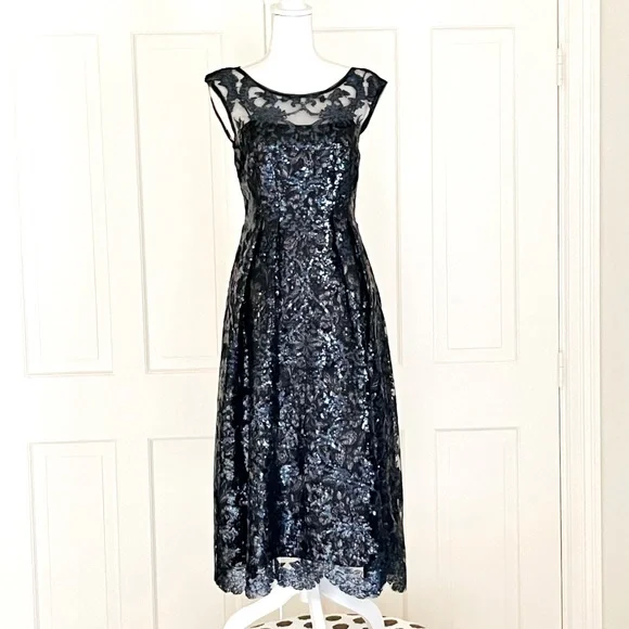 Kay Unger navy black embellished tea length gown 4 - Picture 1 of 13